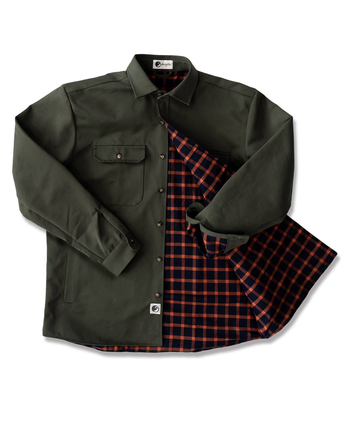 Green jacket with plaid shirt underneath on a white background