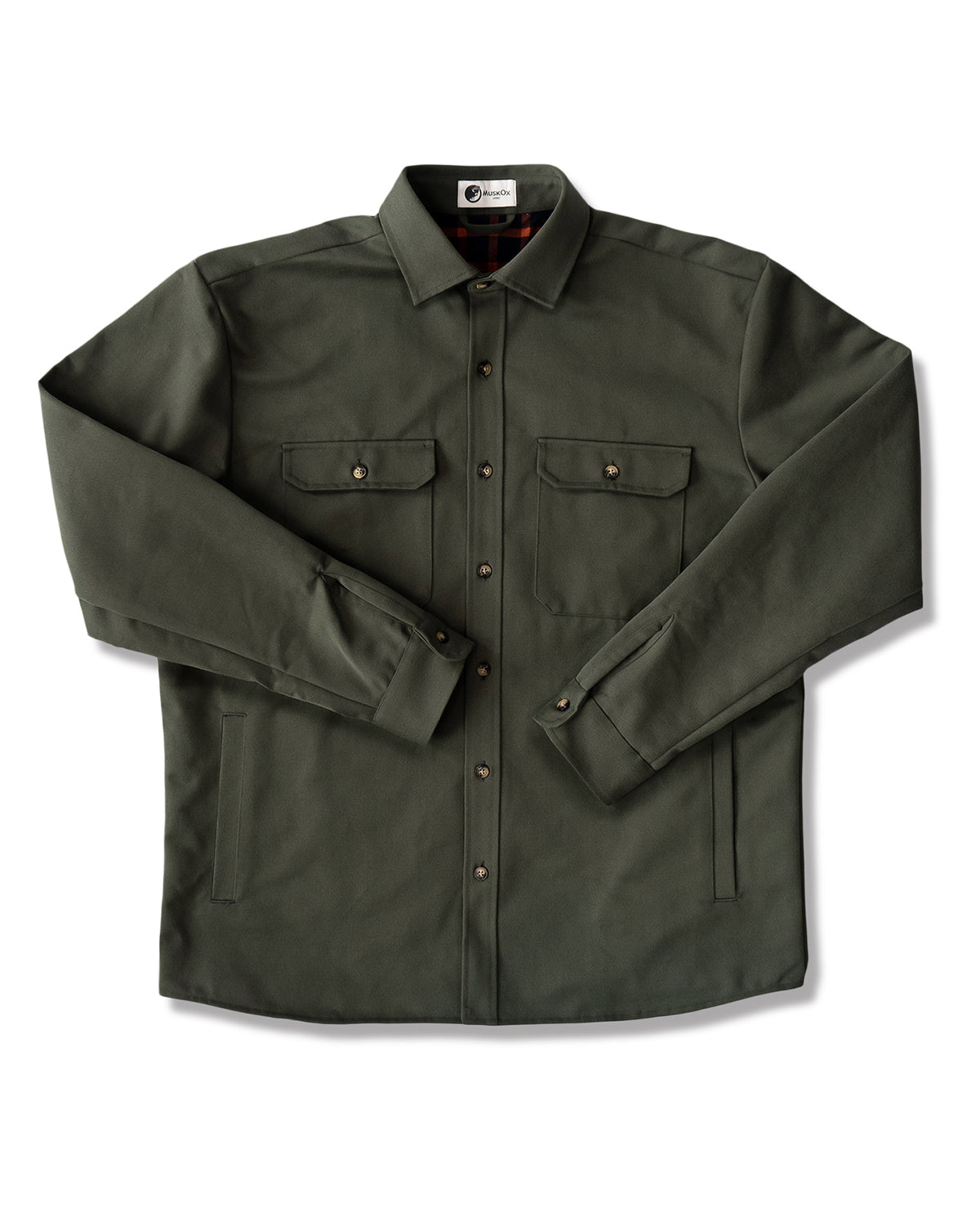 Green shirt with button details on a white background