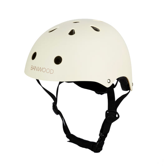 Cream Banwood kids bike helmet with ventilation holes and adjustable straps
