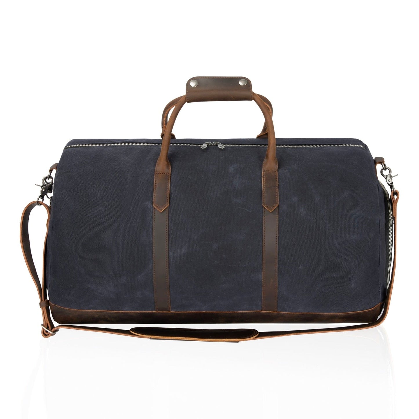 Blue duffel bag with brown leather straps on a white background