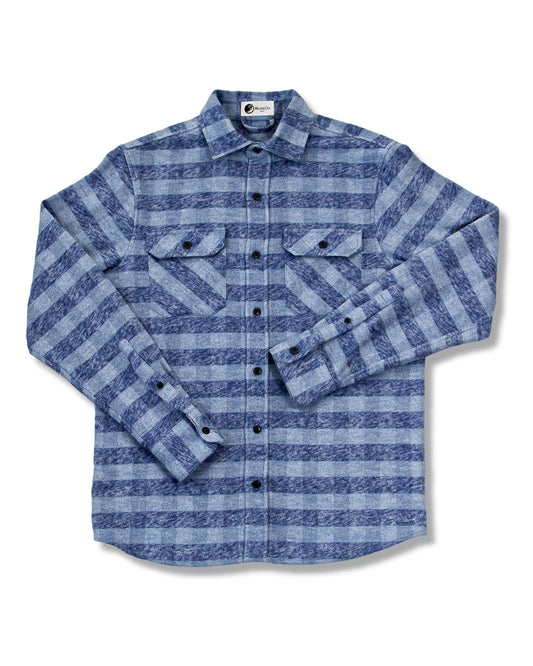 Blue and white striped flannel shirt