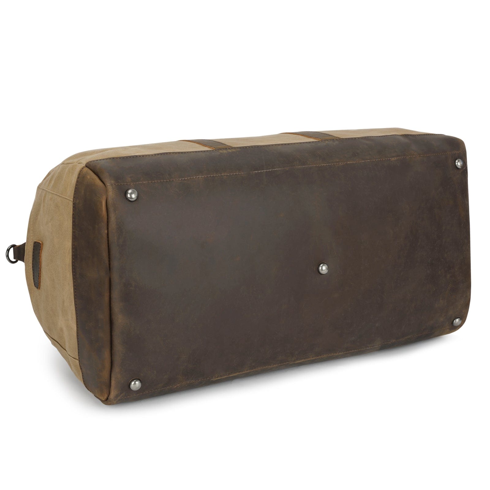 Brown leather duffel bag with beige accents on a white background