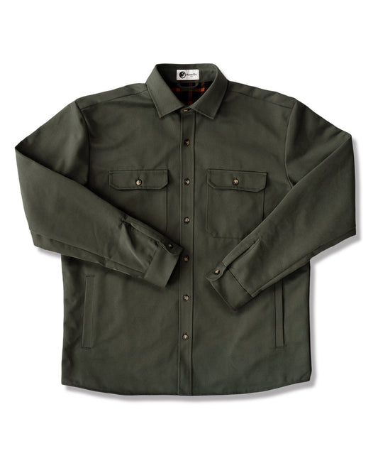 Green shirt with button details on a white background