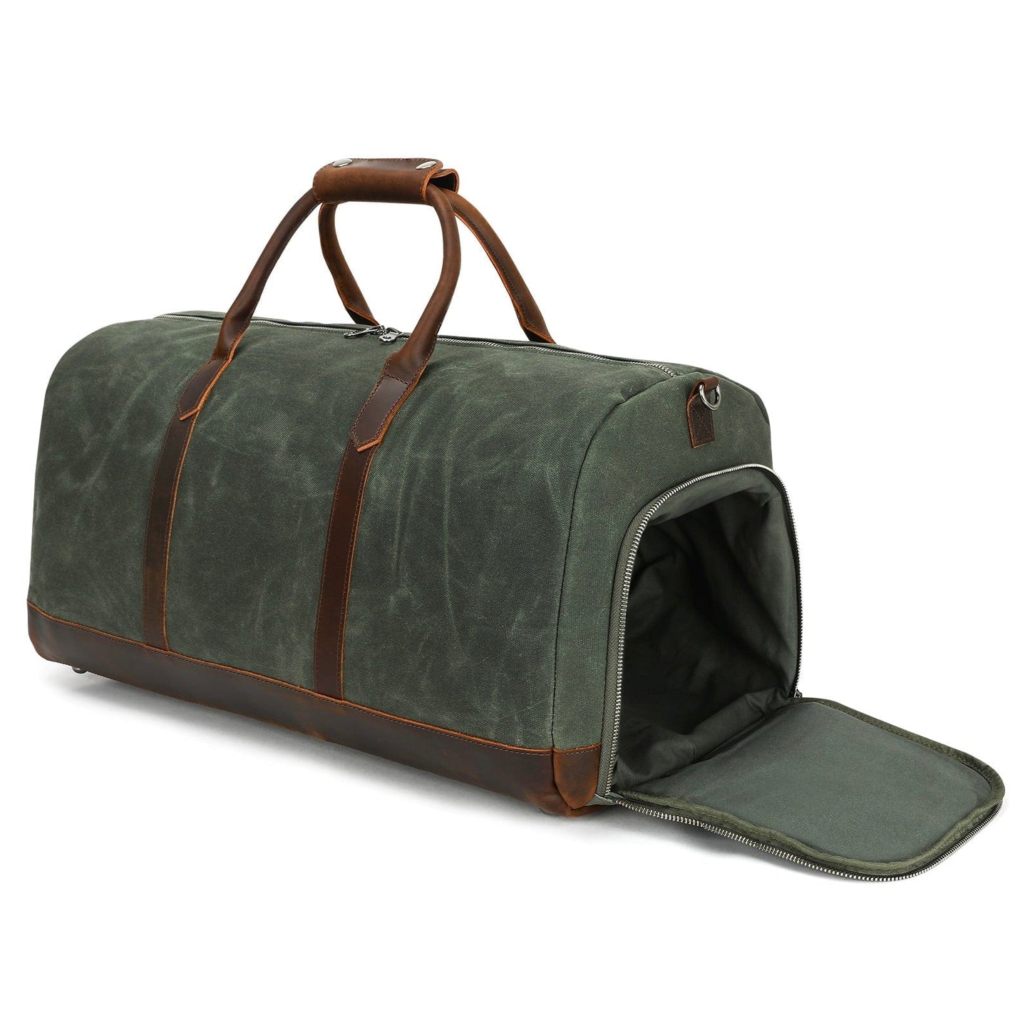 Green duffel bag with brown leather straps on a white background