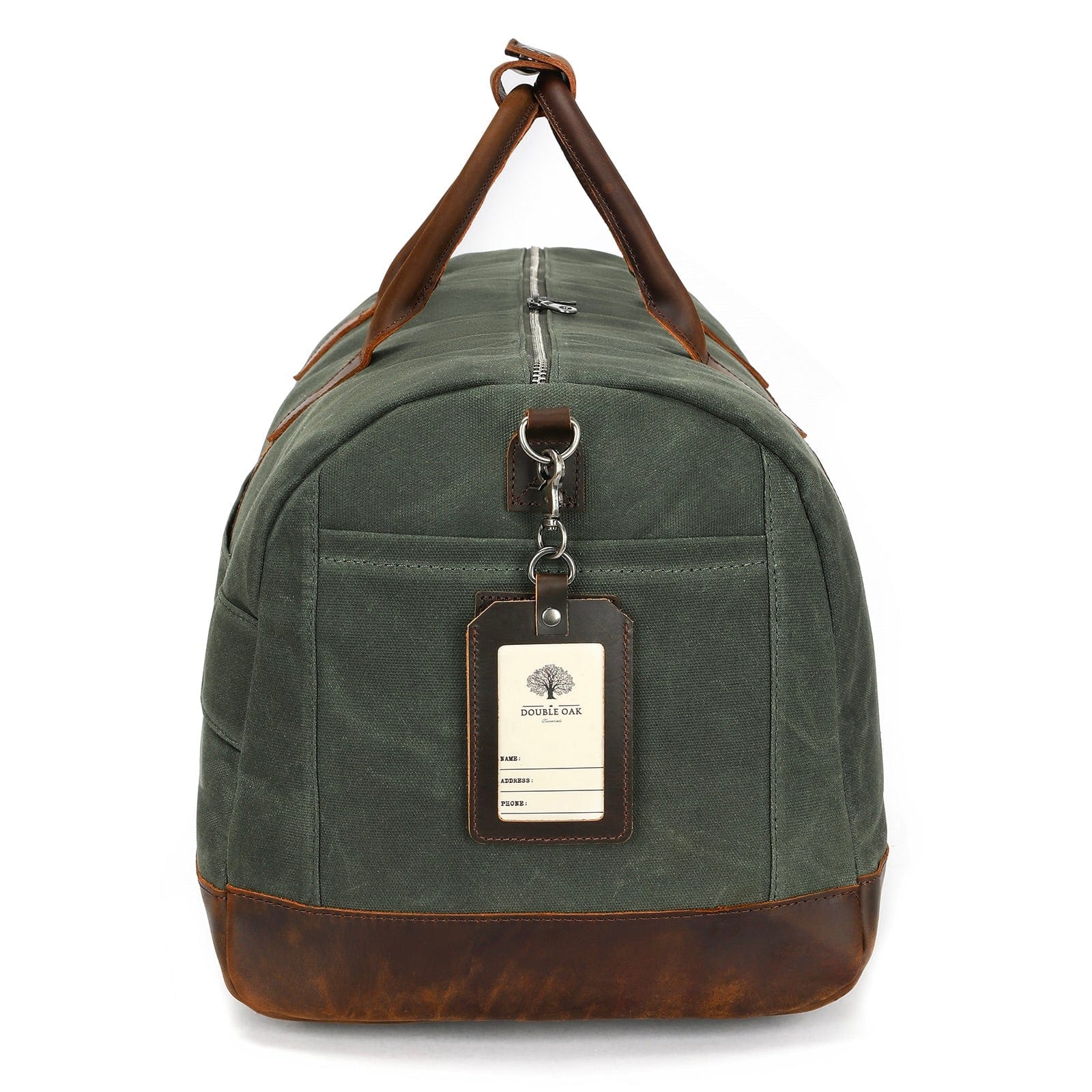 Green duffel bag with brown leather accents on a white background